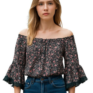 Coco & Jaimeson Blue Floral Peasant Cottage Crochet Bell of Shoulder Blouse Sz M